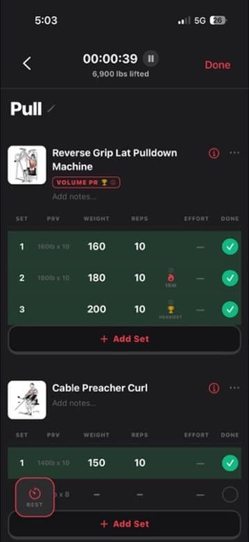 Gainiac live workout log for a pull day