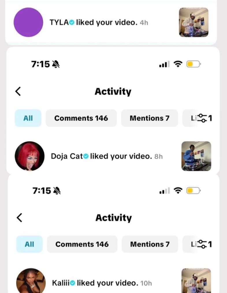 Tyla, Doja Cat, and Kaliii liking DJ Vic videos