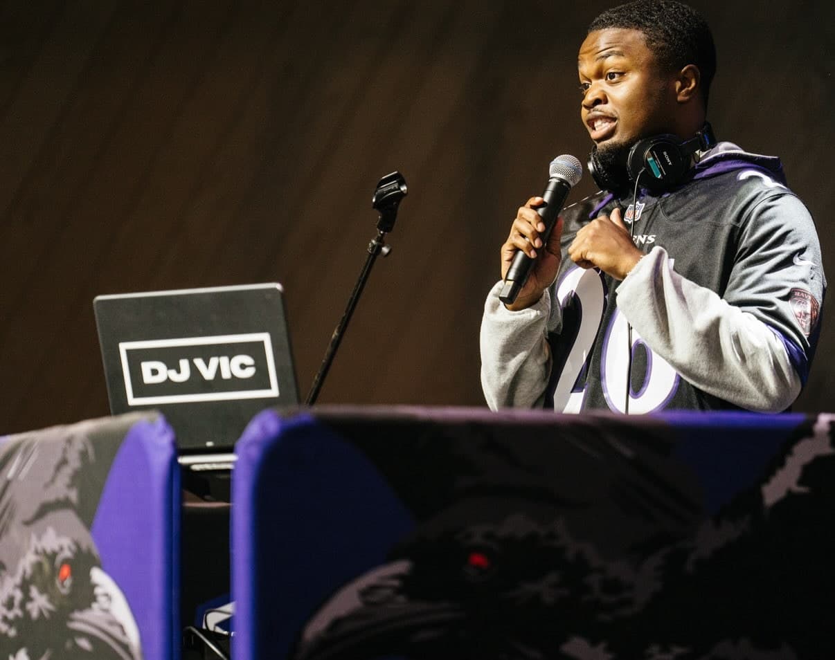 DJ Vic on the mic at his Baltimore Ravens DJ set